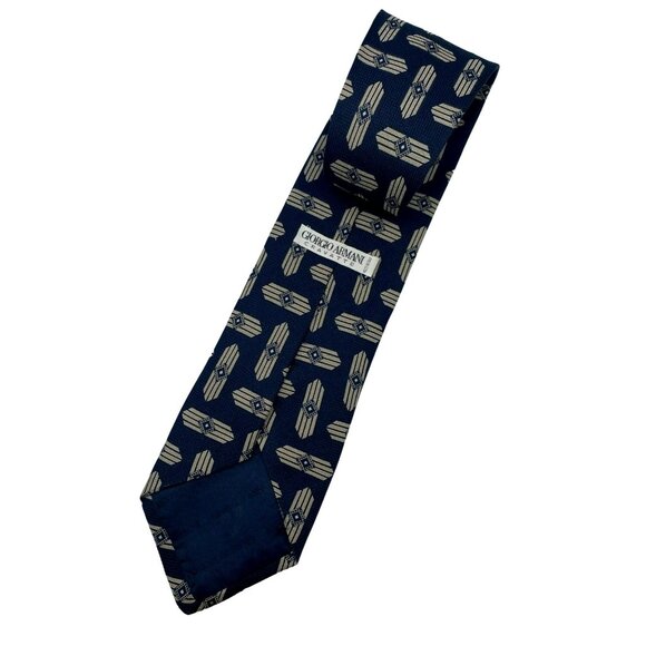 Giorgio Armani Cravatte Men Silk Tie Geometric Pattern Navy Blue Tan Beige Italy - Picture 4 of 6